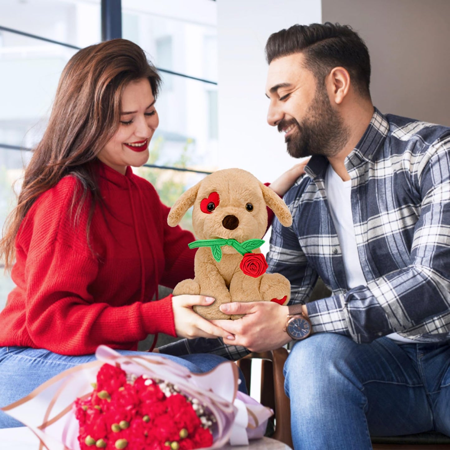 Valentines Day Gifts for Her: 10 inch Funny Cute Plush Dog with Rose for Wife Fiancée Girlfriend Women Mom Kids Naughty Valentine's Stuffed Animals Romantic Gifts for Birthday Wedding Anniversary Xmas