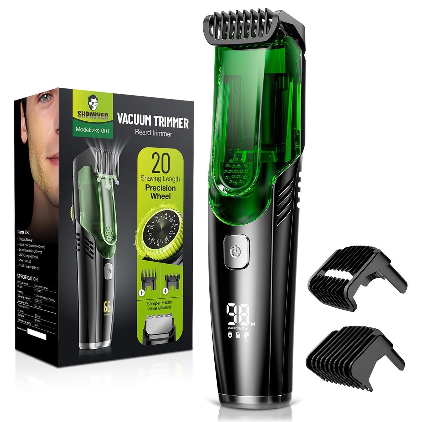 SHPAVVER Beard Trimmer for Men: Vacuum Mustache Trimmer IPX7 Waterproof- Rechargeable Electric Beard Cutting Kit with Adjustable Length Comb- Built-in Vacuum for Sideburns, Stubble