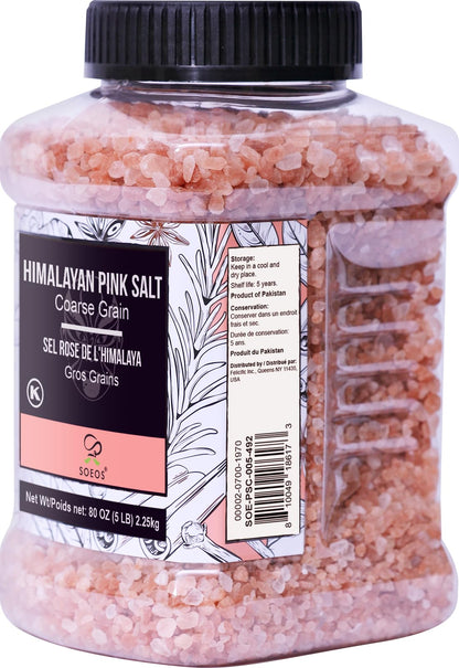 Soeos Himalayan Pink Salt, Coarse Grain, 80oz (5 Pound), Pink Salt, Kosher Salt, Pink Himalayan Sea Salt Coarse for Grinder Refill