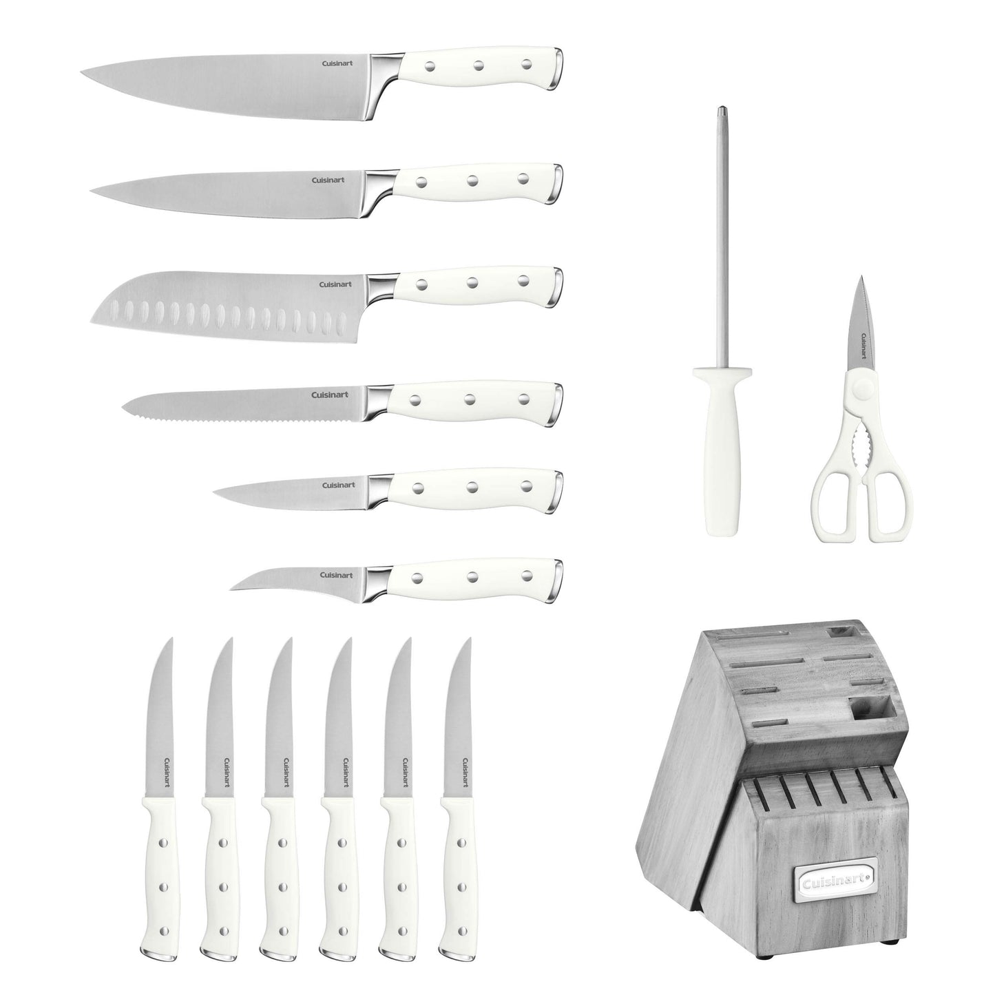 Cuisinart 15-Piece Knife Set with Block, High Carbon Stainless Steel, Forged Triple Rivet, White/Gray C77WTR-15PG