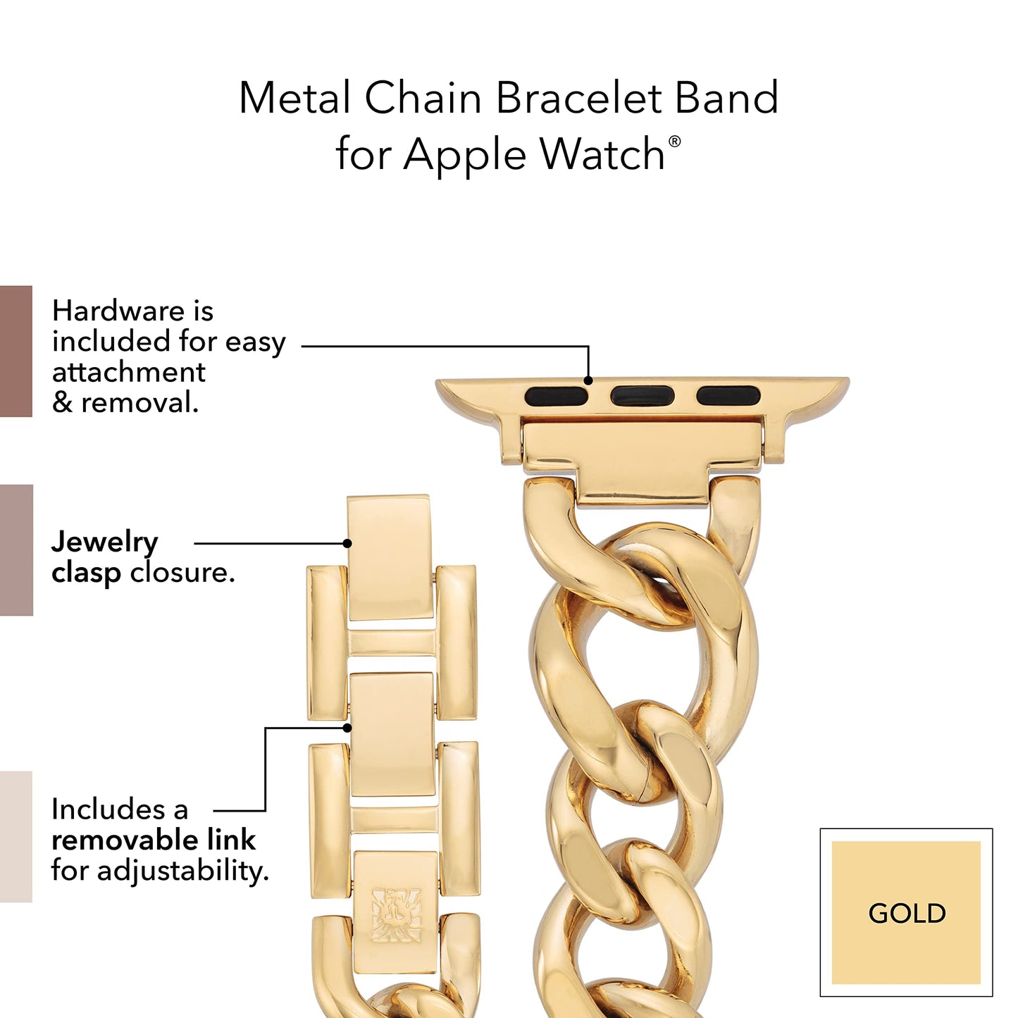 WITHit Anne Klein Fashion Chain Bracelet for Apple Watch, Secure, Adjustable, Apple Watch Replacement Band, Fits Most Wrists (42/44/45mm, Gold)
