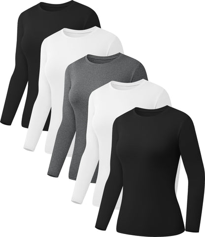 Kinglaman 5 Pack Womens Basic Long Sleeve Shirts Crew Neck Slim-Fit Fitted T Shirts Tops Undershirts Underscrub Baselayer 2 Black 2 White 1 Heather Grey Medium