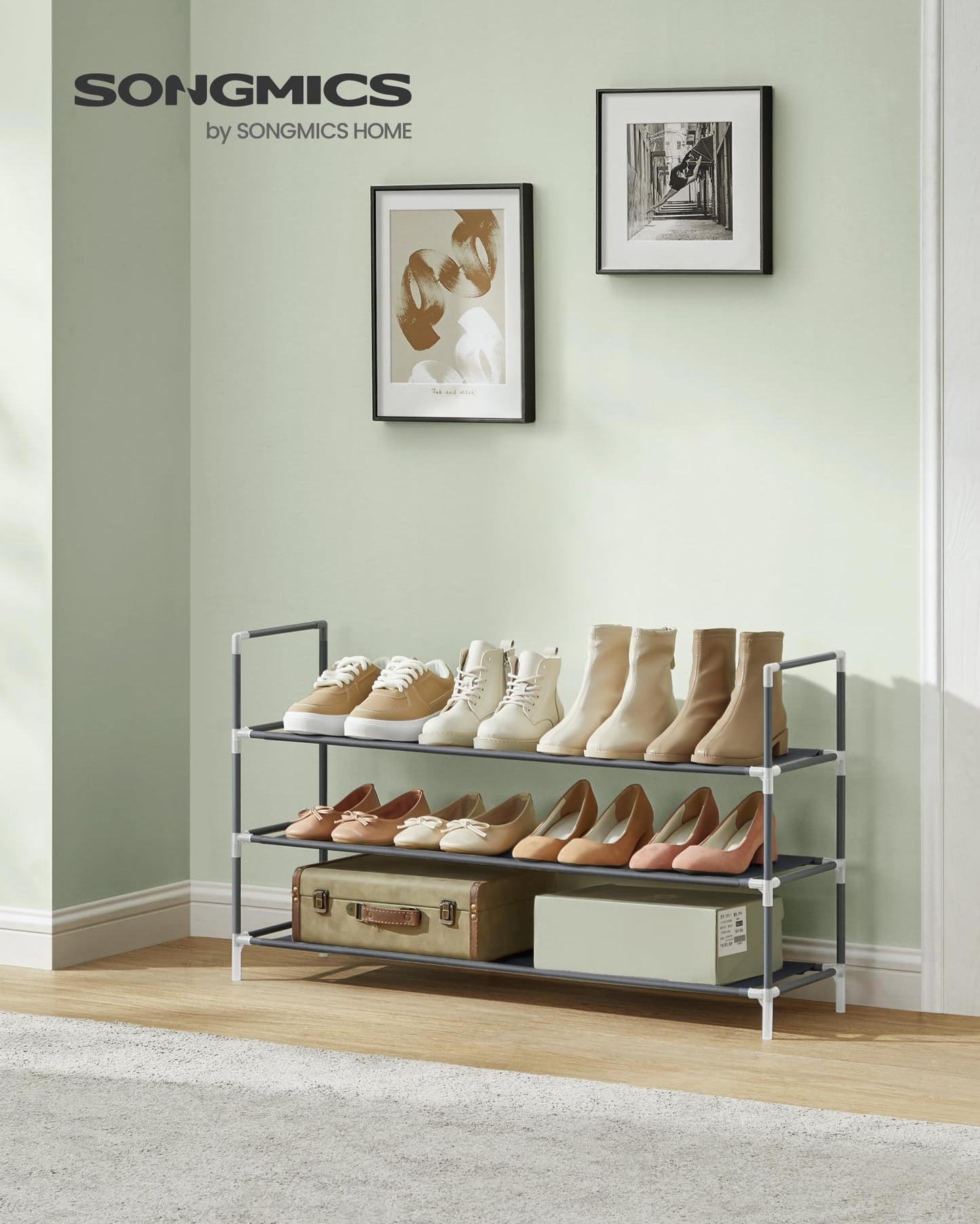 SONGMICS 3-Tier Shoe Rack, Shoe Storage for Hallway Closet, Slim and Space-Saving, Metal Frame, Non-Woven Fabric Shelves, Grey ULSH053G01V1