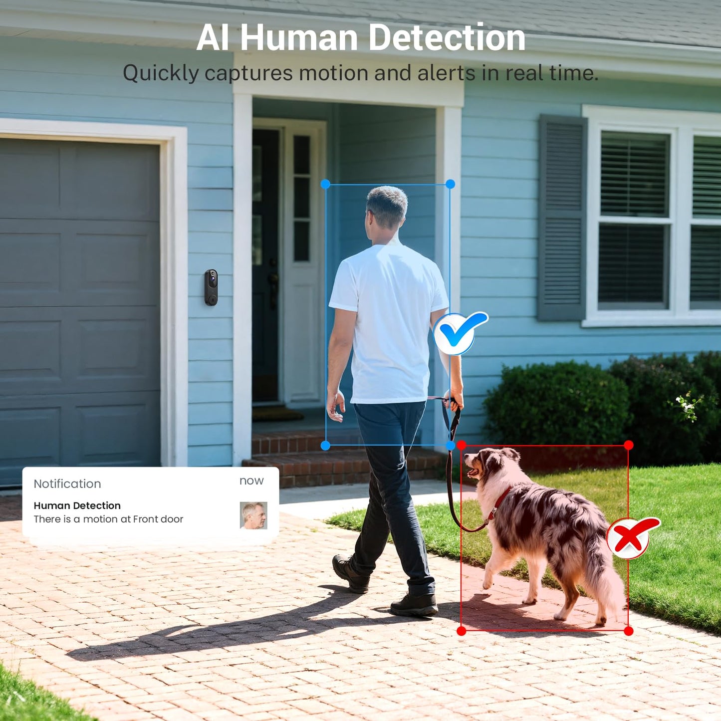 Wireless Wi-Fi Video Doorbell Camera with AI Motion Detection, 2 Way Audio, Night Vision, Cloud Storage, 2.4GHz Wi-Fi Only, Battery Powered