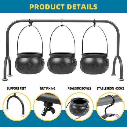 Halloween Party Decorations Indoor,Set of 3 Witches Cauldron Candy Serving Bowls With Rack,Halloween Party Supplies,Black Plastic Candy Cauldron for Table Decor