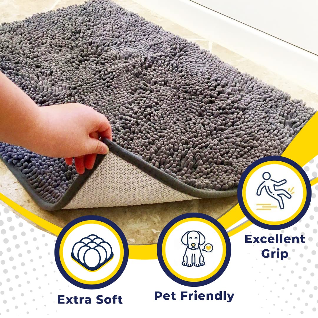 Muddy Mat® Shown ON TV Highly Absorbent Microfiber Door Mat and Pet Rug Non Slip Thick Washable Area and Bath Mat Soft Chenille for Kitchen Bathroom Bedroom Indoor and Outdoor - Grey Medium 30"X19"