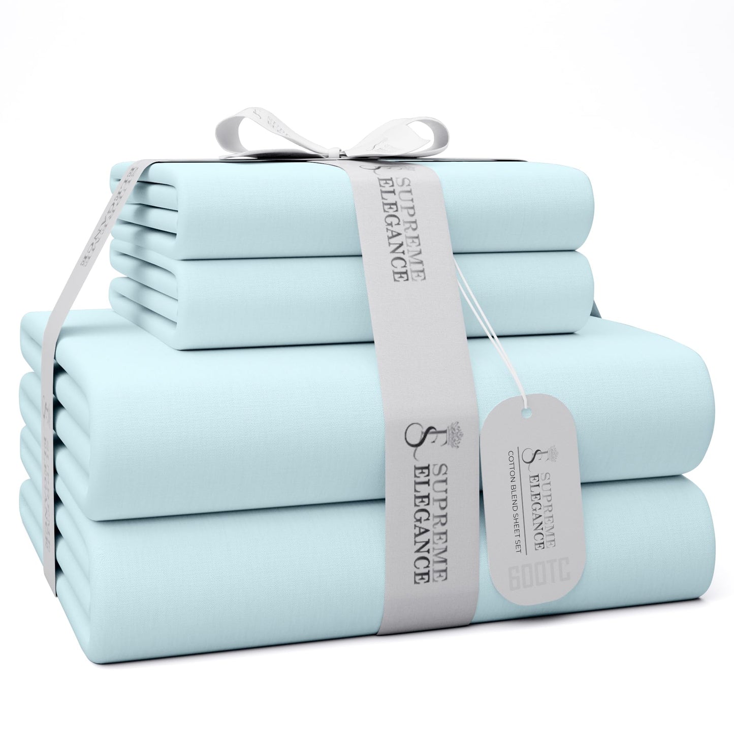 SUPREME ELEGANCE 600 Thread Count Queen Bed Sheets Sky Blue, Cotton Rich Sateen Weave Easy Care Bed Sheet, Ultra Soft & Silky Durable Deep Pocket Sheets (1 Flat Sheet, 1 Fitted Sheet & 2 Pillowcases)