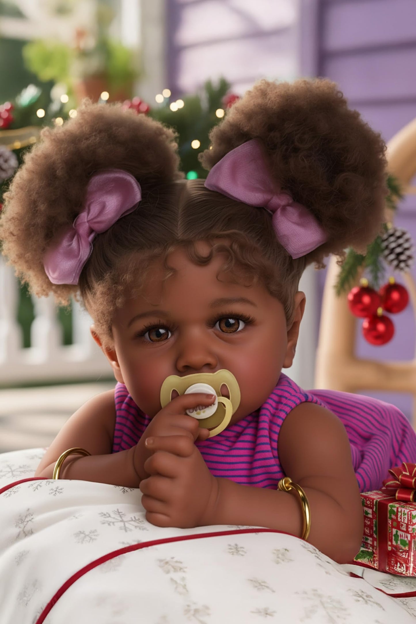 JIZHI Reborn Baby Dolls Black - 22 Inch Lifelike Soft Body Realistic-Newborn Baby Dolls Taupe Eyes Caramel Skin Tone Pink Striped Skirt Real Life and Toy Accessories Gift for Kids Age 3