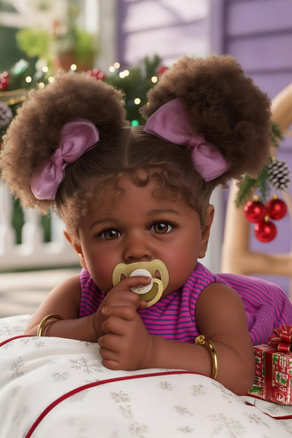 JIZHI Reborn Baby Dolls Black - 22 Inch Lifelike Soft Body Realistic-Newborn Baby Dolls Taupe Eyes Caramel Skin Tone Pink Striped Skirt Real Life and Toy Accessories Gift for Kids Age 3