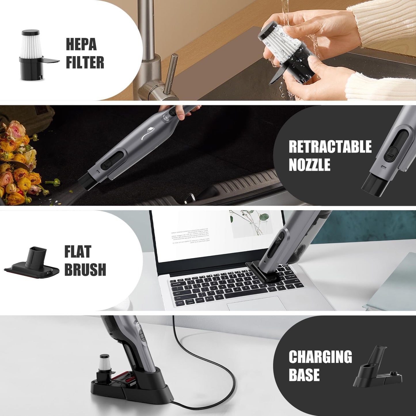 AYONTIN Cordless Handheld Vacuum, Lightweight Portable Hand Vacuum Cleaner with LED Light,Rechargeable Hand Held Vacuum with Charging Dock, Powerful Suction for Office, Home,Car,Silver