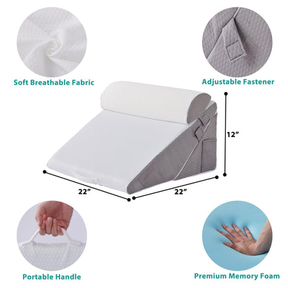 Bedluxe 3Pcs Orthopedic Bed Wedge Pillow Set, Foam Wedge Pillow Post Surgery for Back, Leg and Knee Support, Adjustable 9&12 Inch Folding Triangle Pillow for Sleeping, Acid Reflux, Snoring, White/Grey