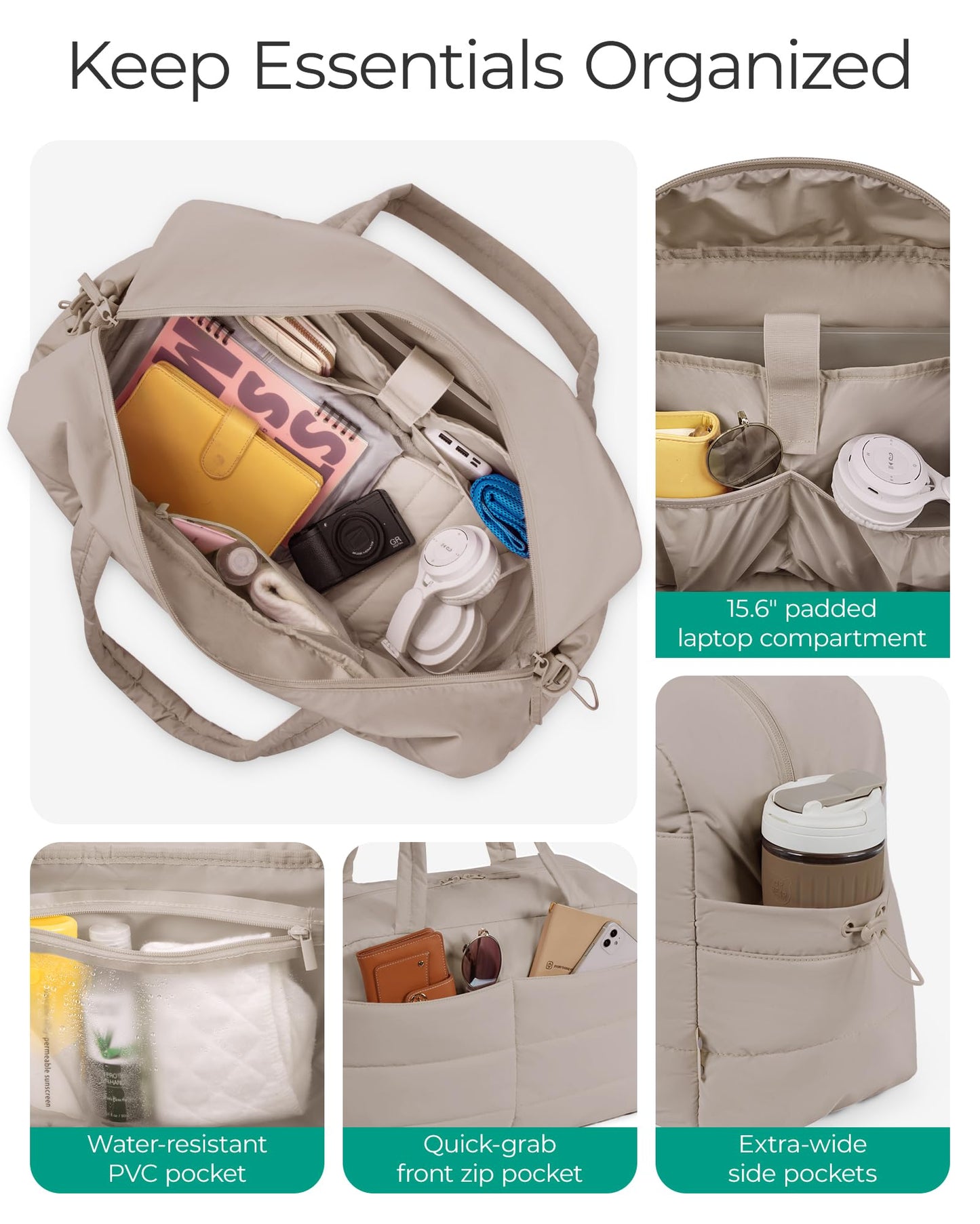 BAGSMART Gym Bag for Women with Toiletry Pouch, Lightweight Weekender Bags for Women with Wet Pocket, 31L Quilted Travel Duffle Carry On Bag, Weekender Overnight Bag for Travel,Water Resistant, Camel