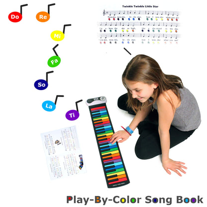 MUKIKIM Rock and Roll It - The Original Rainbow Piano. Roll Up Flexible Piano Keyboard for Kids / Beginners. Portable 49 Keys Silicone Pad. Play-by-Color Songbook Included!