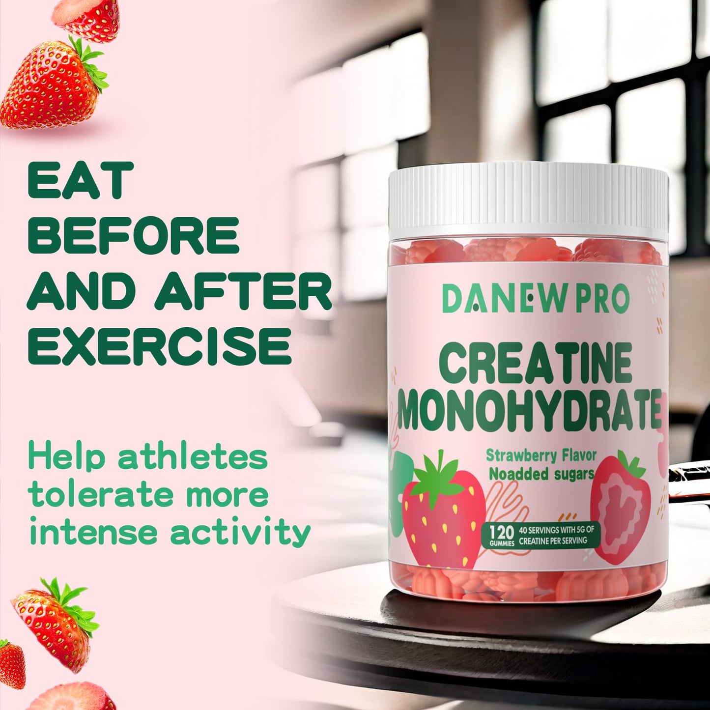 DANEW Pro Creatine Monohydrate Gummies for Men & Women, Creatine Monohydrate for Muscle Strength, Muscle Builder, Energy Boost, Pre-Workout Supplement(120 Count)-Strawberry Flavor