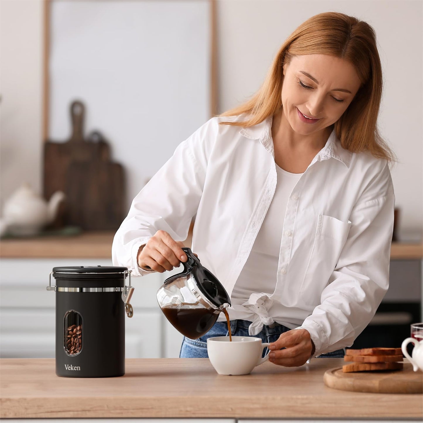 Veken Coffee Canister with Window,Coffee Bar Accessories,Airtight Stainless Steel Kitchen Food Storage Container Lover Gifts,Date Tracker and Scoop for Grounds,Beans,Tea, Sugar,Flour,Cereal,22OZ,Black