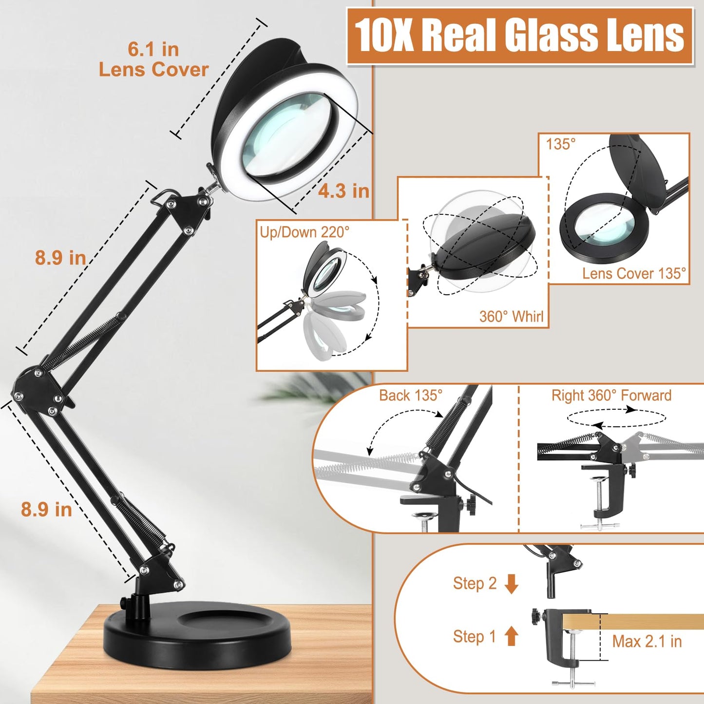 Veemagni 10X Magnifying Glass with Light and Stand, 2-in-1 LED Magnifying Desk Lamp with Clamp & Lens Cover, 3 Color Modes Stepless Dimmable Hands Free Lighted Magnifier for Crafts Reading Painting