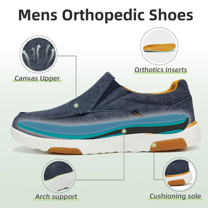 OrthoComfoot Men's Orthopedic Boat Canvas Walking Shoes, Comfortable Heel and Foot Pain Relief Sneakers, Best Orthotic Loafers with Arch Support Denim Size 12