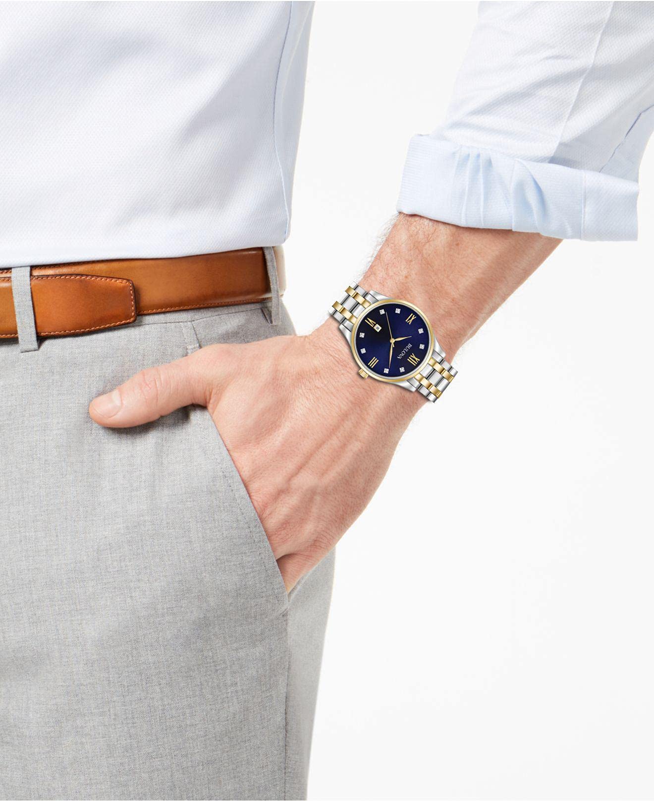 Bulova Men's Classic Two-Tone Stainless Steel 3-Hand Calendar Date Quartz Watch with Diamonds and Blue Dial Style: 98D130