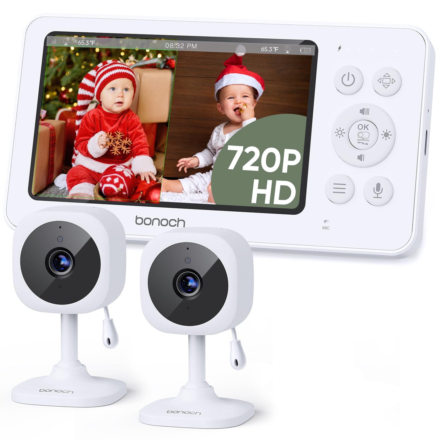 bonoch 4.3" Baby Monitor with 2 Cameras, 720p Split Screen Monitor with Camera and Audio, 28hour Battery, Video Baby Monitor No WiFi, VOX Mode, 2 Way Audio, Auto Night Vision, 2X, 3X, 4X Zoom