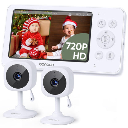 bonoch 4.3" Baby Monitor with 2 Cameras, 720p Split Screen Monitor with Camera and Audio, 28hour Battery, Video Baby Monitor No WiFi, VOX Mode, 2 Way Audio, Auto Night Vision, 2X, 3X, 4X Zoom