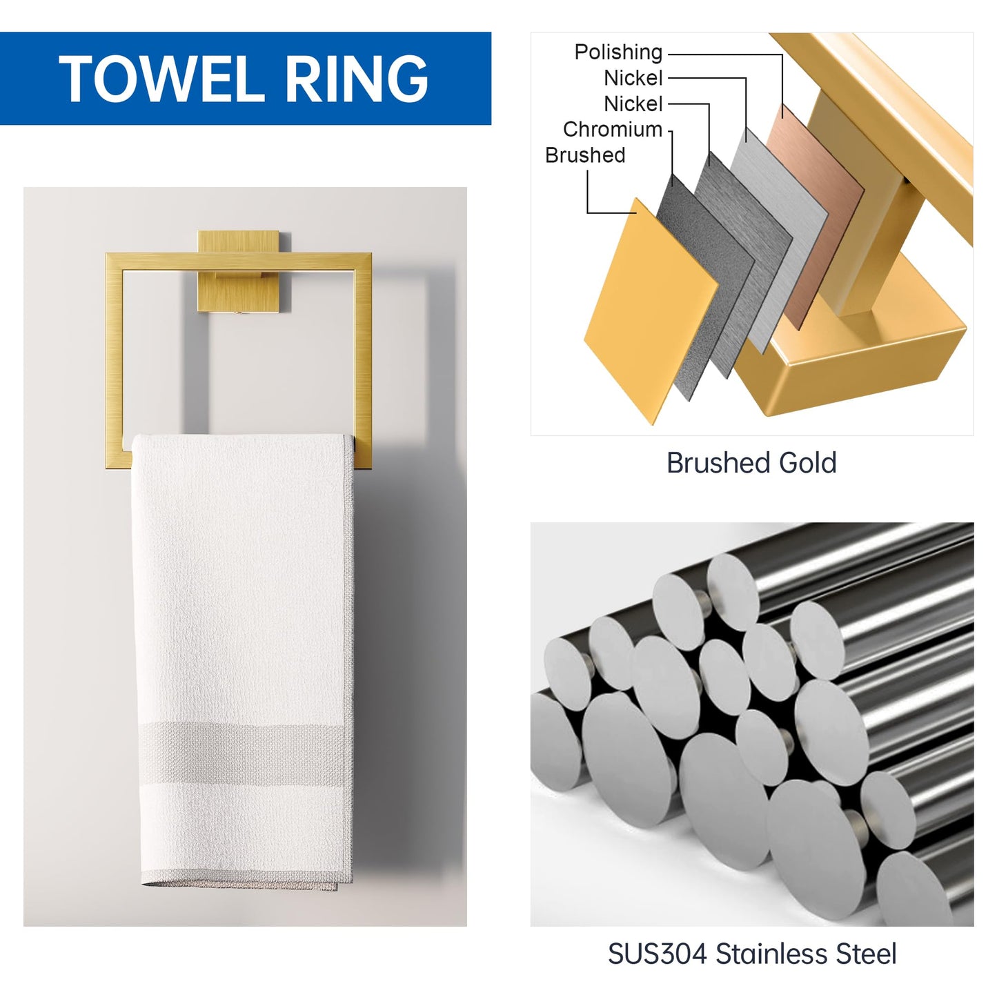 Hawkrown 10-Piece Bathroom Hardware Accessories Set, 23.6 Inch SUS304 Stainless Steel Towel Bar Set, Wall Mounted Bathroom Towel Holders, Towel Hooks with Toilet Paper Holder