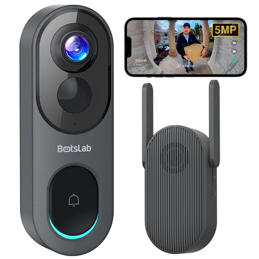 BOTSLAB 5MP Wireless Video Doorbell Camera,180° Head-to-Toe View, AI Motion Detection, VR Mode, Battery or Wired Powered, Easy Installation, Weatherproof, No Monthly Fee, 2.4GHz WiFi
