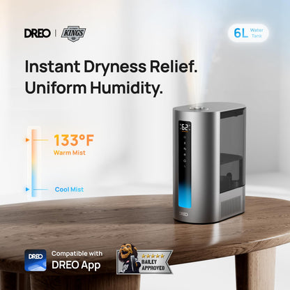 Dreo 6L Humidifiers for Bedroom, Smart Warm & Cool Mist for Large Room, 60Hr Quiet Runtime for Baby, Plant, Humidity Sensor, Indicator Light, 12H Timer, Google/Alexa, HM713S