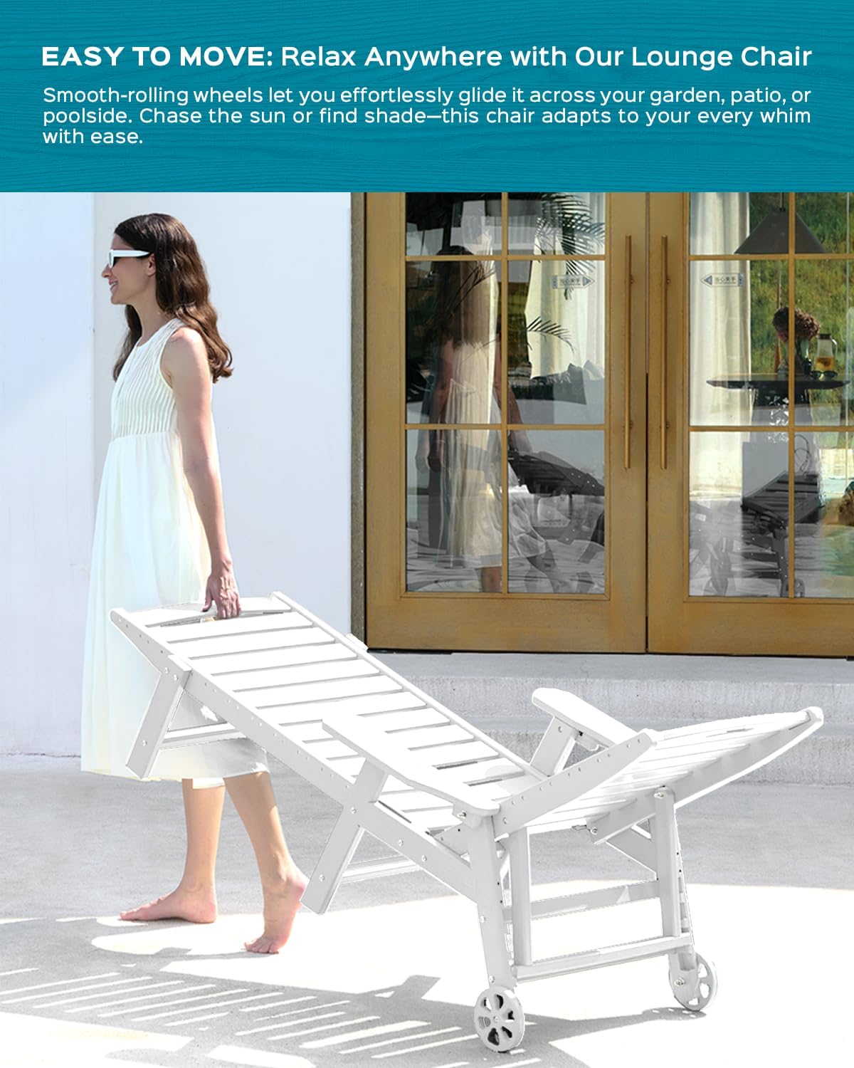 Outdoor Chaise Lounge Chair Set of 2, Patio Lounge Chairs for Outside, HDPE Lounge Chairs with Wheels & Cup Holder, Poly Lounge Chair with 5 Position for Poolside, Deck, White