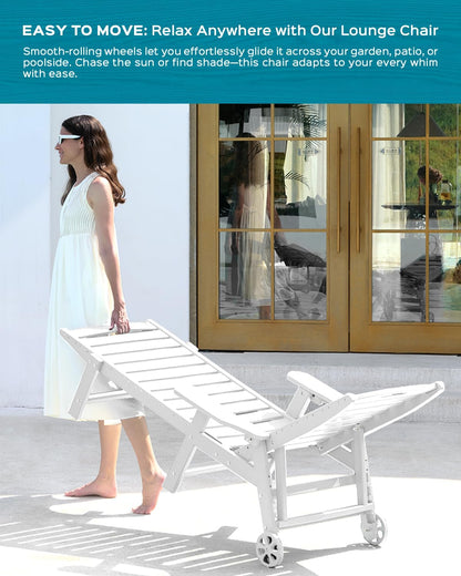 Outdoor Chaise Lounge Chair Set of 2, Patio Lounge Chairs for Outside, HDPE Lounge Chairs with Wheels & Cup Holder, Poly Lounge Chair with 5 Position for Poolside, Deck, White