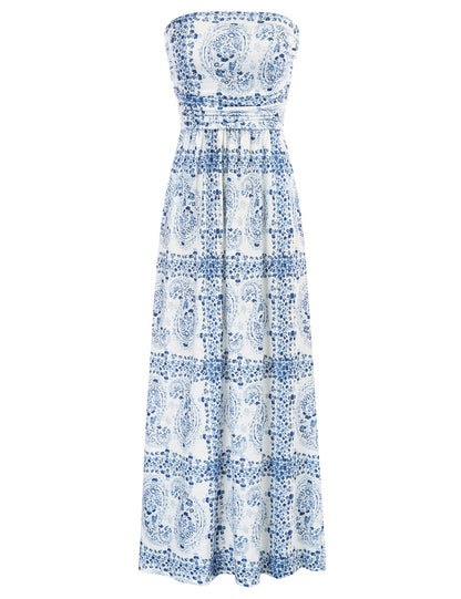 GRACE KARIN Women Strapless Casual Loose Ruched Long Maxi Dress with Pockets Floral White