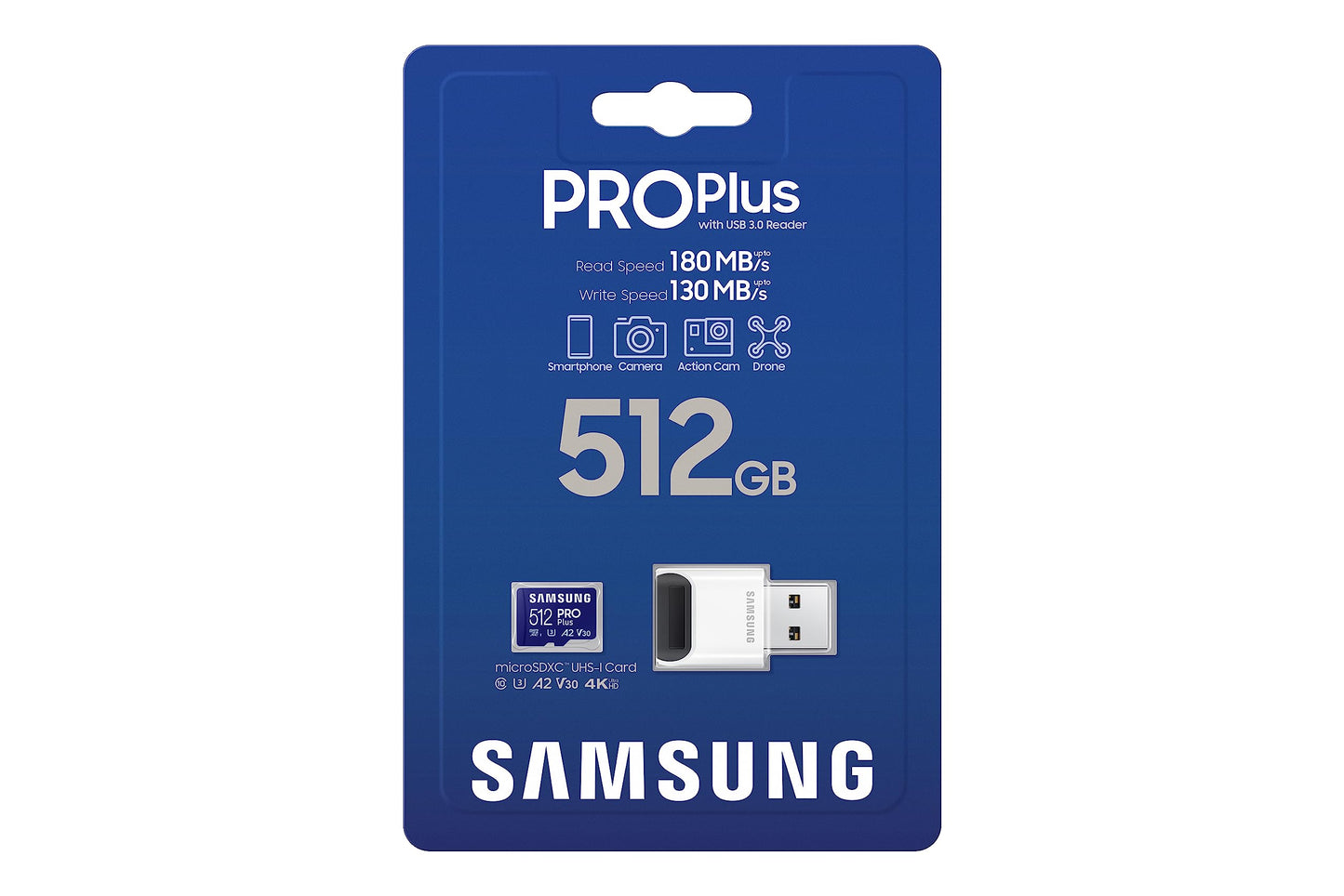 SAMSUNG PRO Plus microSD Memory Card + Reader, 512GB MicroSDXC, Up to 180 MB/s, Full HD & 4K UHD, UHS-I, C10, U3, V30, A2 for Android Phones, Tablets, GoPRO, DJI Drone, MB-MD512SB/AM, 2023