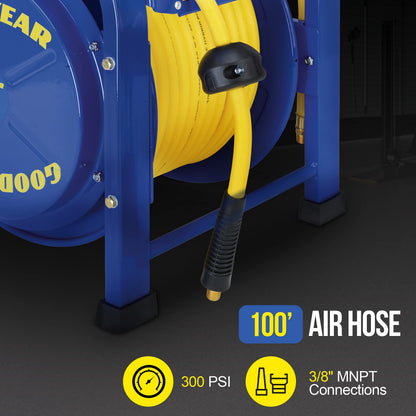 Goodyear Retractable Air Hose Reel, 3/8" x 100 Feet, 300 PSI, Spring-Driven Steel, Heavy Duty Industrial, Flex Hybrid Polymer Hose, Portable and Durable