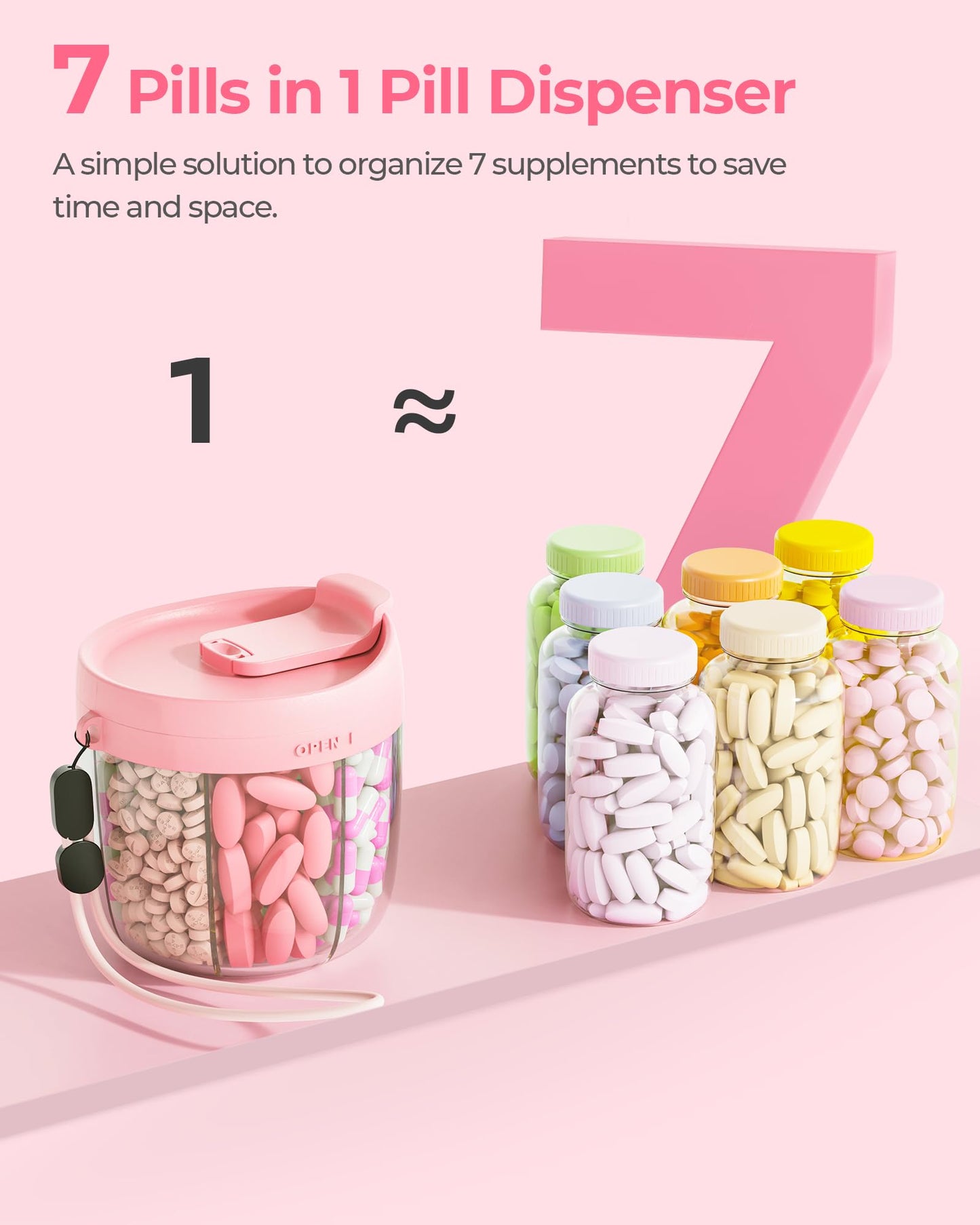 AMOOS Cute Pill Dispenser with 7 Large Compartments, Portable Pill Bottle Organizer with Wide Opening for Easy Use, Anti-Mix Pill Organizer for Travel, BPA-Free Pill Container, Pink