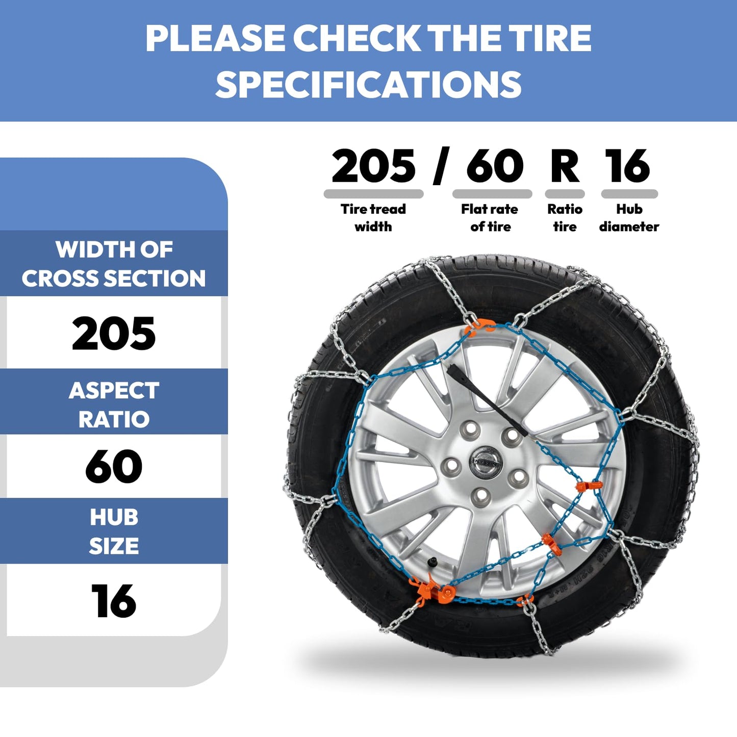 SNOCATENA Snow Chains for Car,SUV,Truck and Pickup,Universal Emergency Tire chains,Compatible with Tire Width 205 215 225 235 245 255 265 275 MM - Set of 2