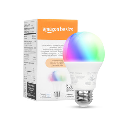 Amazon Basics Smart A19 LED Light Bulb, Color Changing, 9W (60W Equivalent), 800LM, Works with Alexa Only, 2.4 GHz Wi-Fi, No Hub Required, 1-Pack