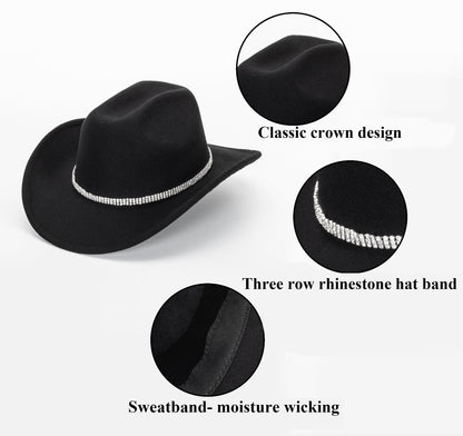 Glitter Silver Black Cowboy Hats for Women - Western Sparkly Rhinestone Cowgirl Hat for Ladies