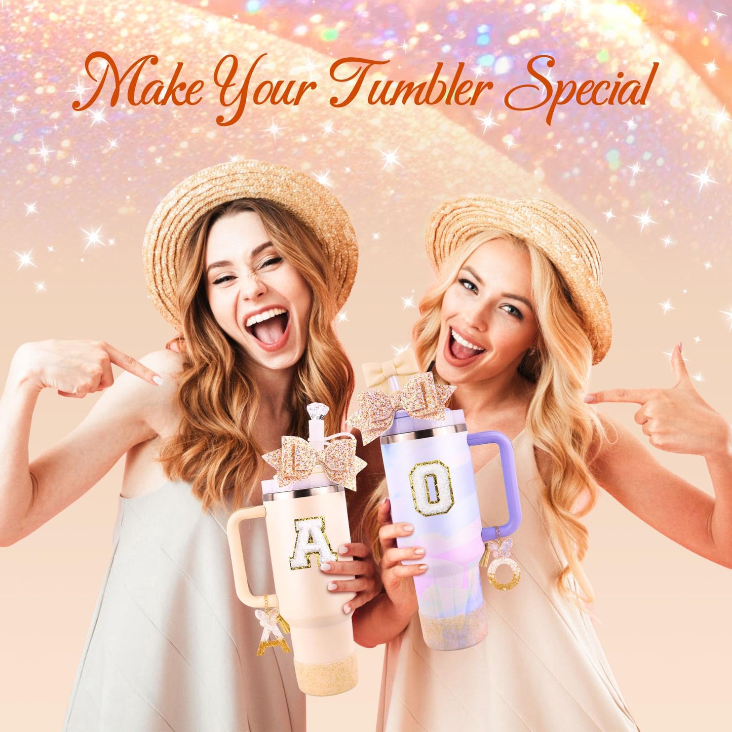 White Cup Accessories Set for Stanley 30OZ & 40OZ Tumbler with Handle, Letter Charms, Bow & Diamond Straw Covers, Glitter Silicone Boot, Personalized Sticker for Stanley Cup Accessories (A)