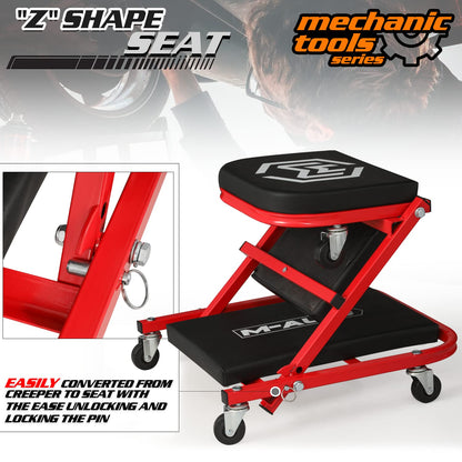 M-AUTO Foldable Z Creeper 2-in-1 Rolling Folding Car Creeper & Seat, 36" Adjustable Roller Garage Chair Lay Down or Sit, 330LBS Capacity Under Car Roller Creeper with 6 Swivel Casters, Red