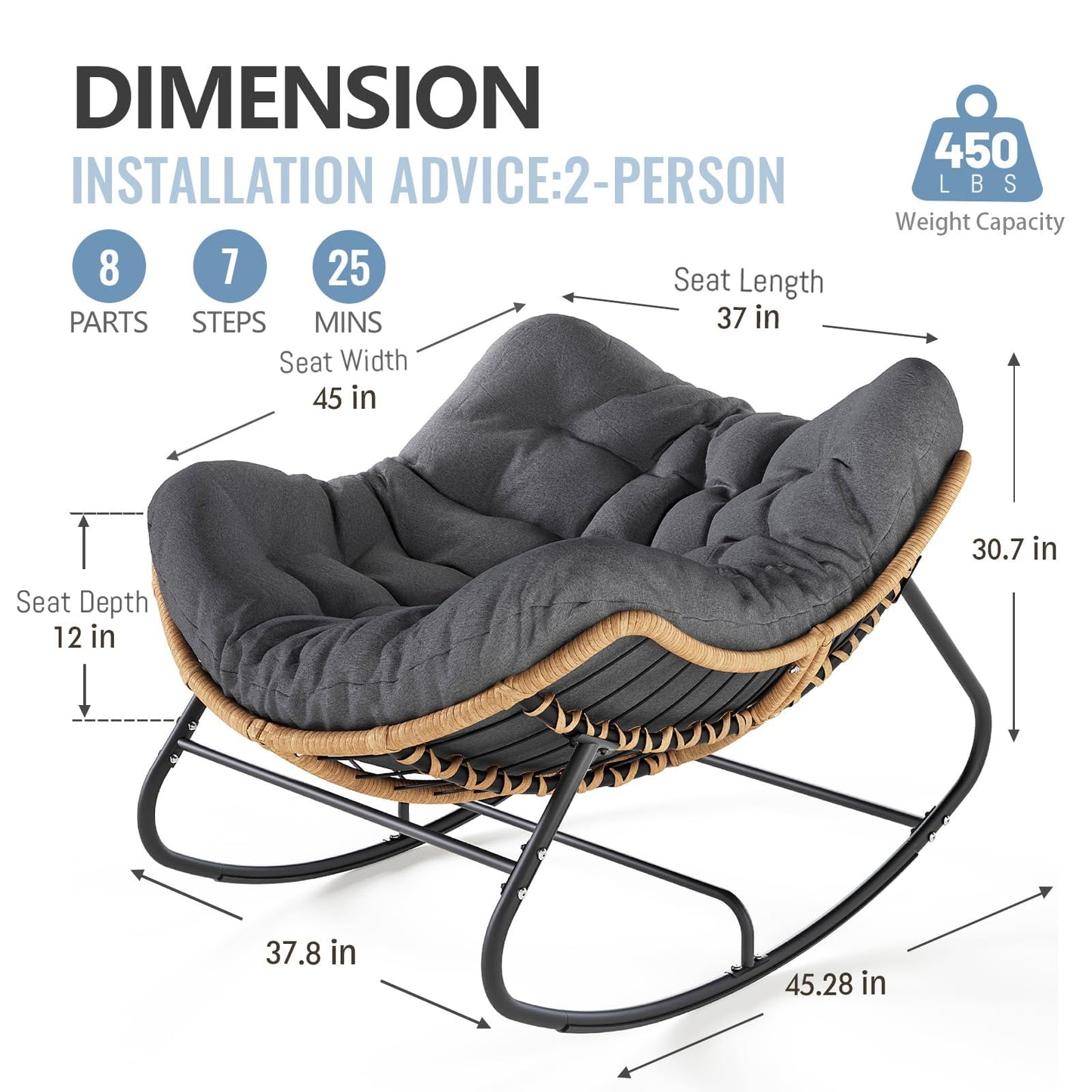 SWITTE Outdoor Rocking Chair, Oversized Patio Papasan Rocker, Comfy Wicker Reading Lounge, Indoor Egg Chair for Bedroom, Living Room, Porch, Garden, Lawn-Dark Grey