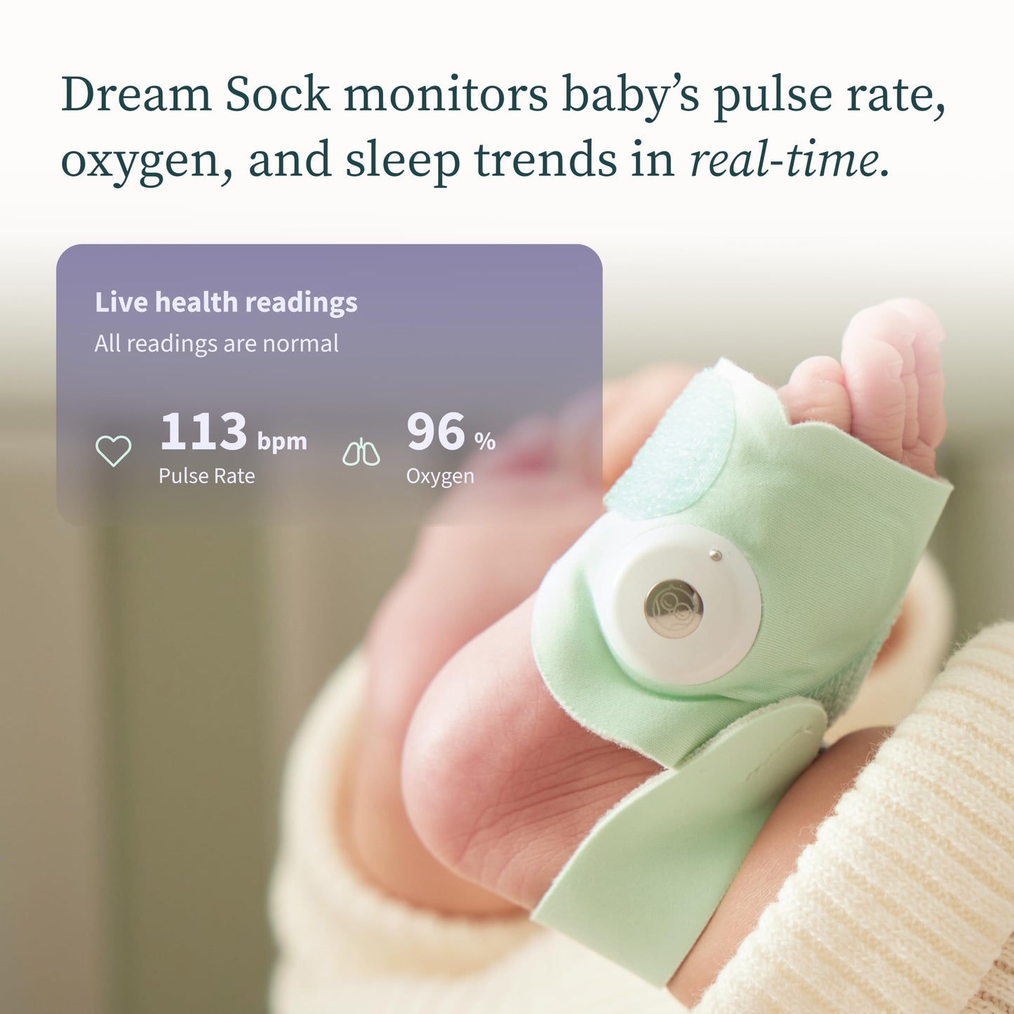 Owlet Dream Sock® - FDA-Cleared Smart Baby Monitor - Track Live Pulse (Heart) Rate, Oxygen in Infants - Receive Notifications - Mint