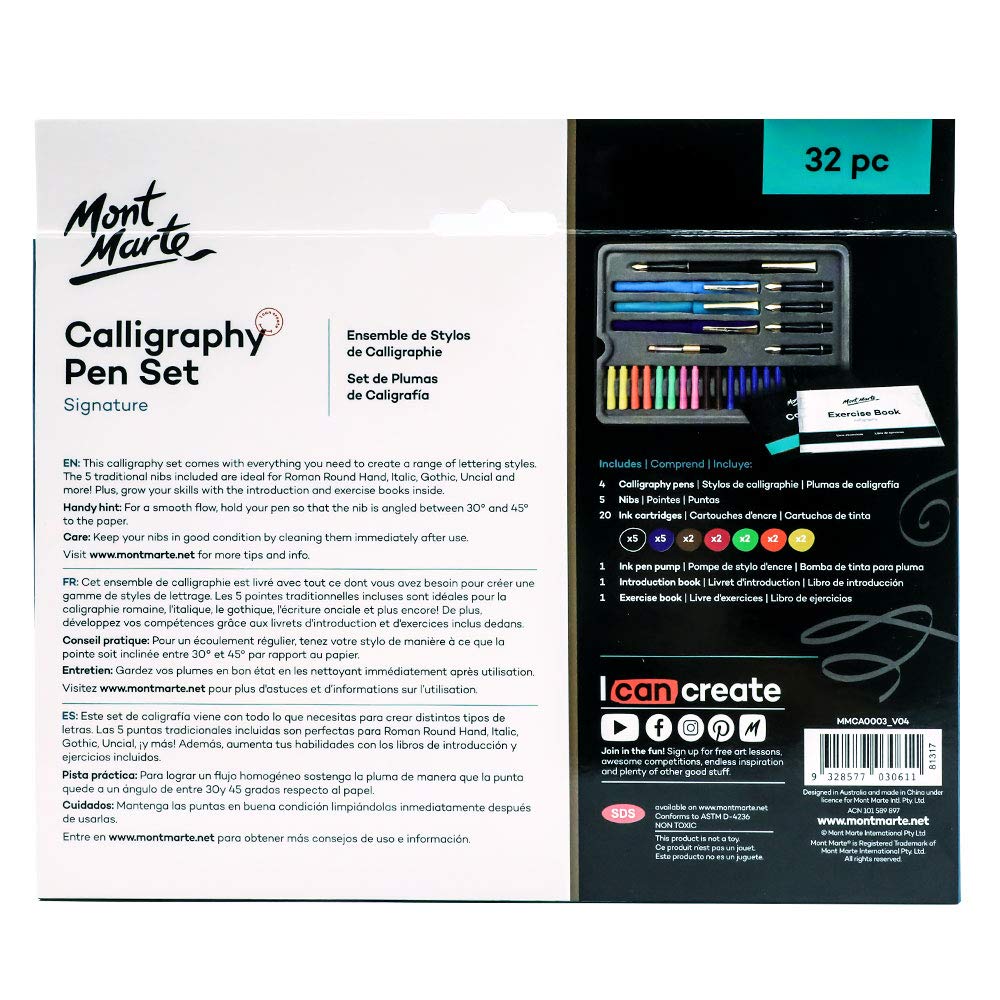 Mont Marte Calligraphy Set, 32 Piece. Includes Calligraphy Pens, Calligraphy Nibs, Ink Cartridges, Introduction Booklet and Exercise Booklet, Packaging May Vary