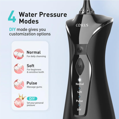 COSLUS Water Dental Flosser Pick for Teeth: 4 Modes Cordless Portable 300ML Larger Tank Water Teeth Cleaner IPX7 Waterproof Flossing Cleaning Picks for Home Travel FC5360