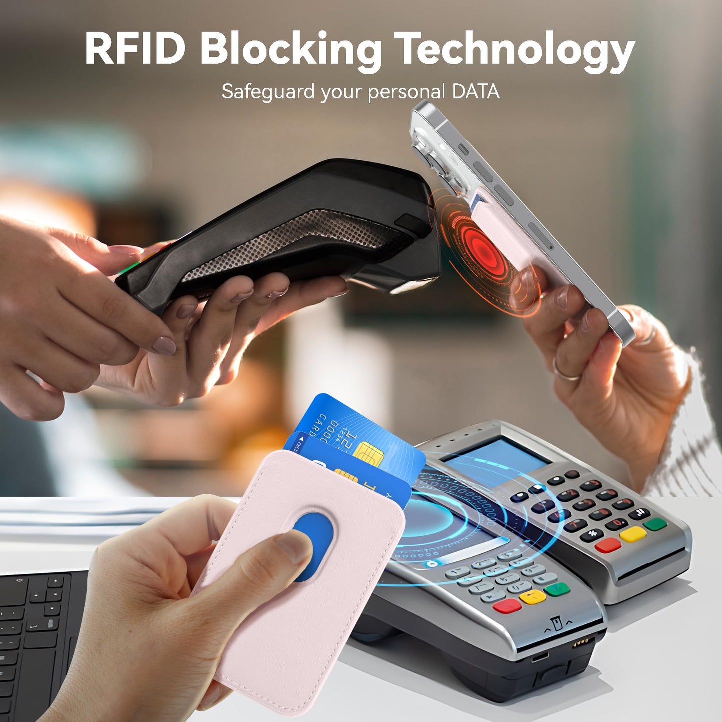 KRTALS Magnetic Wallet Cell Phone Card Holder for Phone Case, Stronger Magnetic RFID Leather Phone Wallet Stick on Series of iPhone 17/16/15/14/13/12 and Pro/Promax, Light Pink