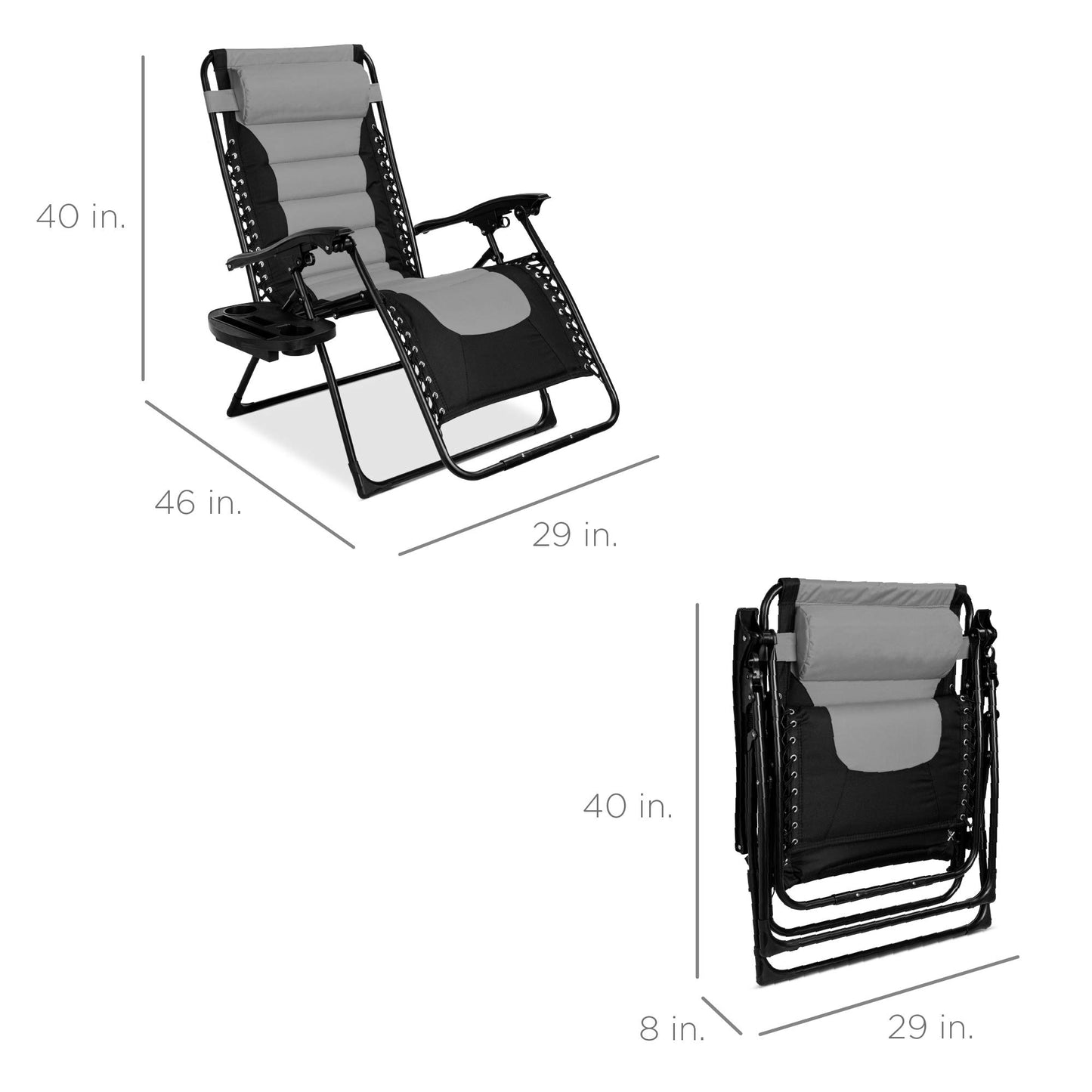 Best Choice Products Oversized Padded Zero Gravity Chair, Folding Outdoor Patio Recliner, XL Anti Gravity Lounger for Backyard w/Headrest, Cup Holder, Side Tray, Polyester Mesh - Black/Gray