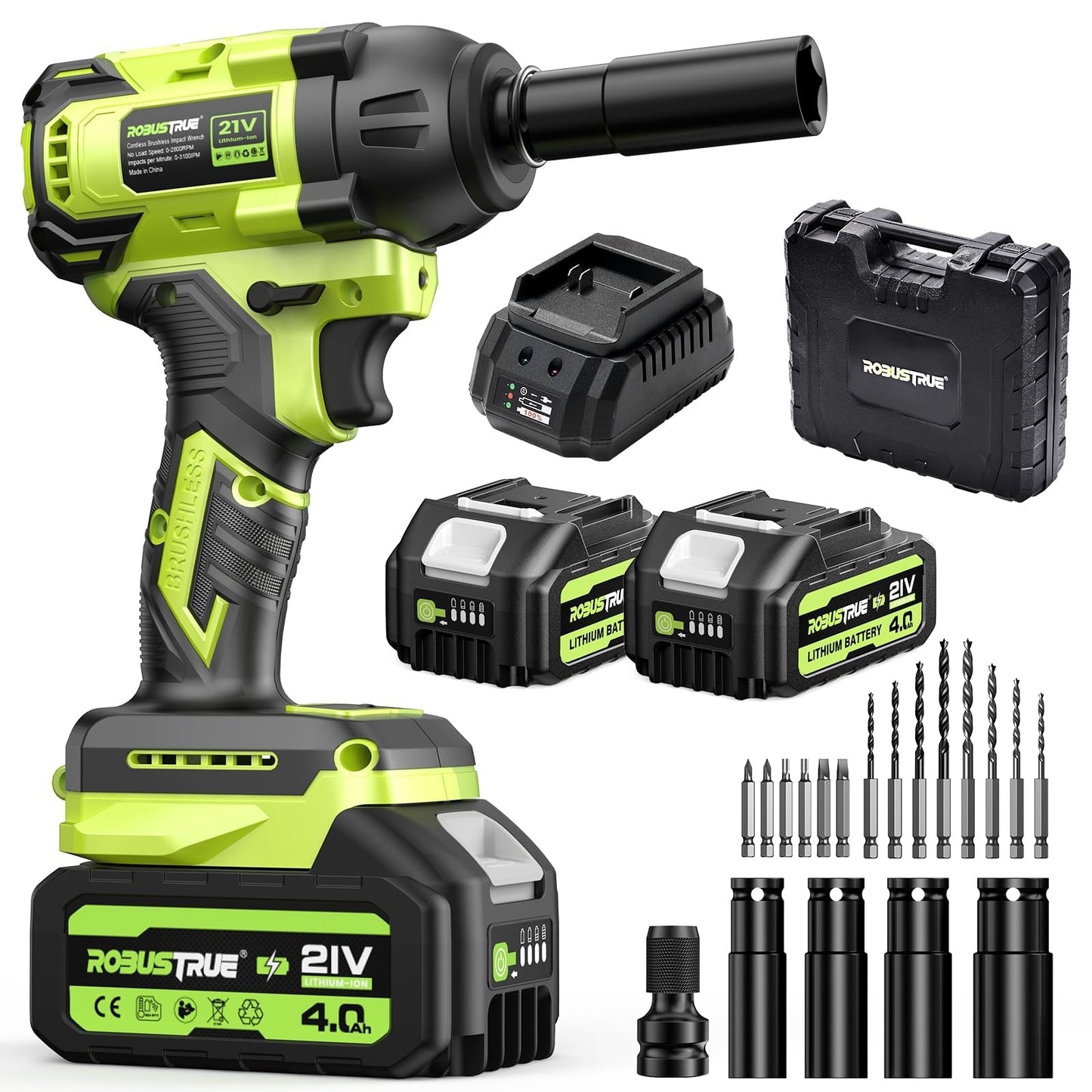 Robustrue Cordless Impact Wrench, 406Ft-lbs (550N.m) Brushless 1/2 inch, 2800RPM High Torque Impact Gun, 2x 4.0Ah Battery, Charger, 4 Sockets, Electric Impact Wrench for Car Home
