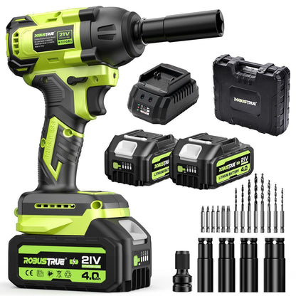 Robustrue Cordless Impact Wrench, 406Ft-lbs (550N.m) Brushless 1/2 inch, 2800RPM High Torque Impact Gun, 2x 4.0Ah Battery, Charger, 4 Sockets, Electric Impact Wrench for Car Home