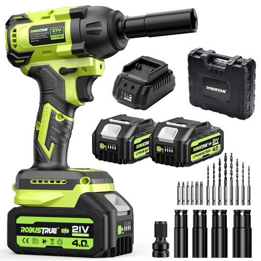 Robustrue Cordless Impact Wrench, 406Ft-lbs (550N.m) Brushless 1/2 inch, 2800RPM High Torque Impact Gun, 2x 4.0Ah Battery, Charger, 4 Sockets, Electric Impact Wrench for Car Home