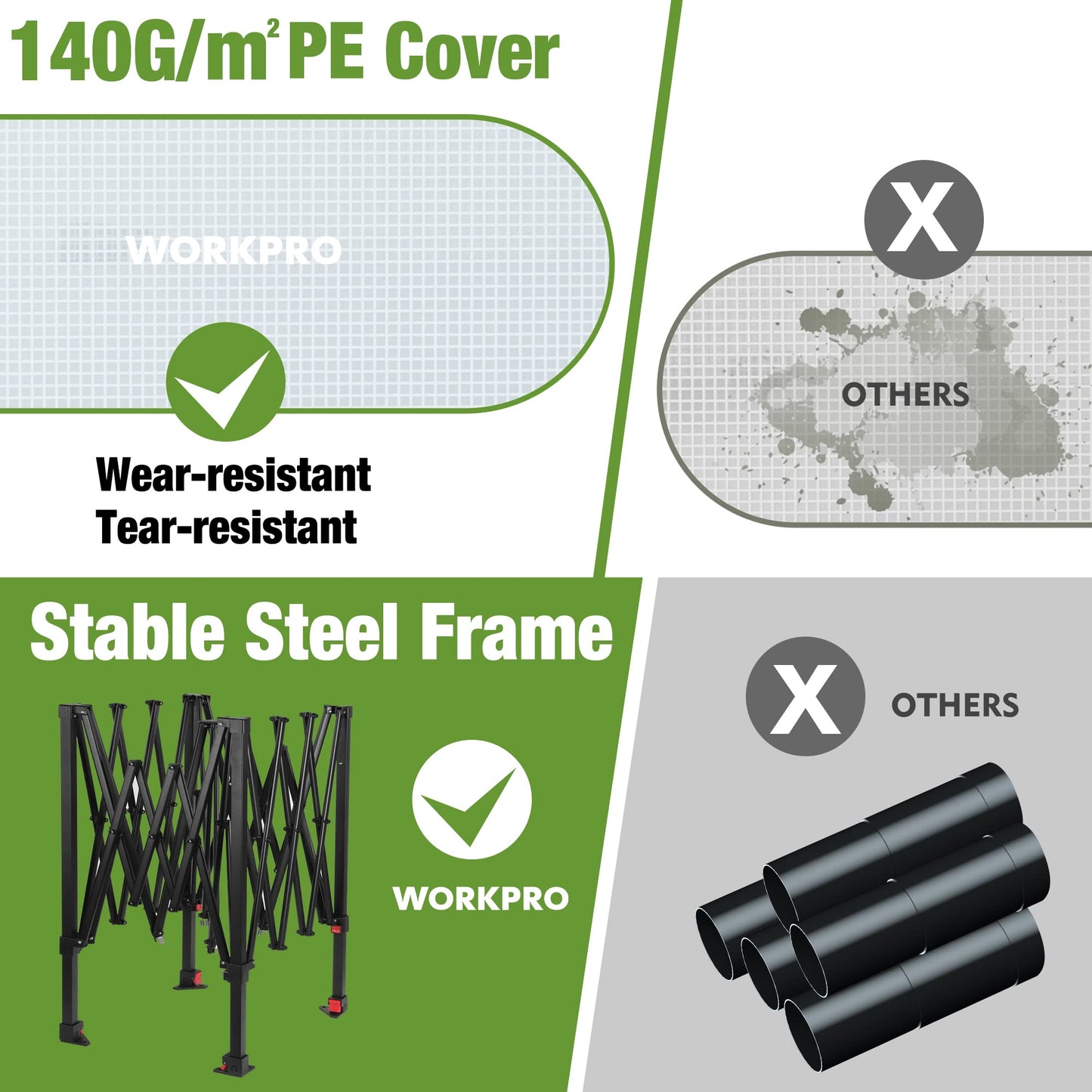 WORKPRO Greenhouse, 94" x70" x98" Instant Pop-up Heavy Duty Gardening Green House Canopy with Robust PE Cover, Indoor Outdoor Plant House Shed with Roll-up Entry Doors and 2 Screen Windows