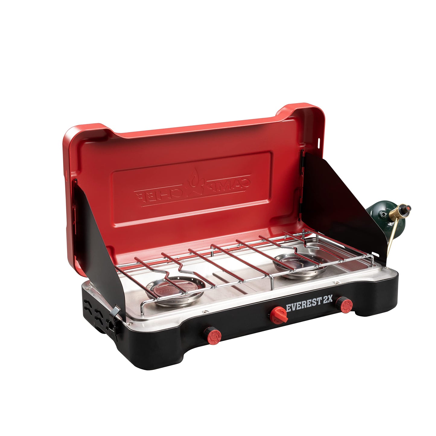 Camp Chef Mountain Series Everest 2X - High Output Two-Burner Camp Stove - Lid Doubles as Windscreen - Portable Cooking Stove - For Outdoor Cooking - 20,000 BTU Burners - 215 Sq In Cooking Area
