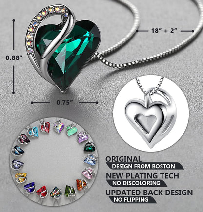 Leafael Mothers Day Gift Necklaces for Women, Heart Pendant with Emerald Green Birthstone Crystal for May, Silver Plated 18 plus 2 inch Chain, Jewelry Birthday Gifts for Mom, Girlfriend, and Her